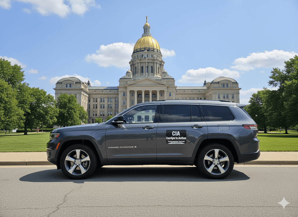 Carolyn In Action Transportation Services LLC Vehicle Parked In Front Of the Des Moines Capitol
