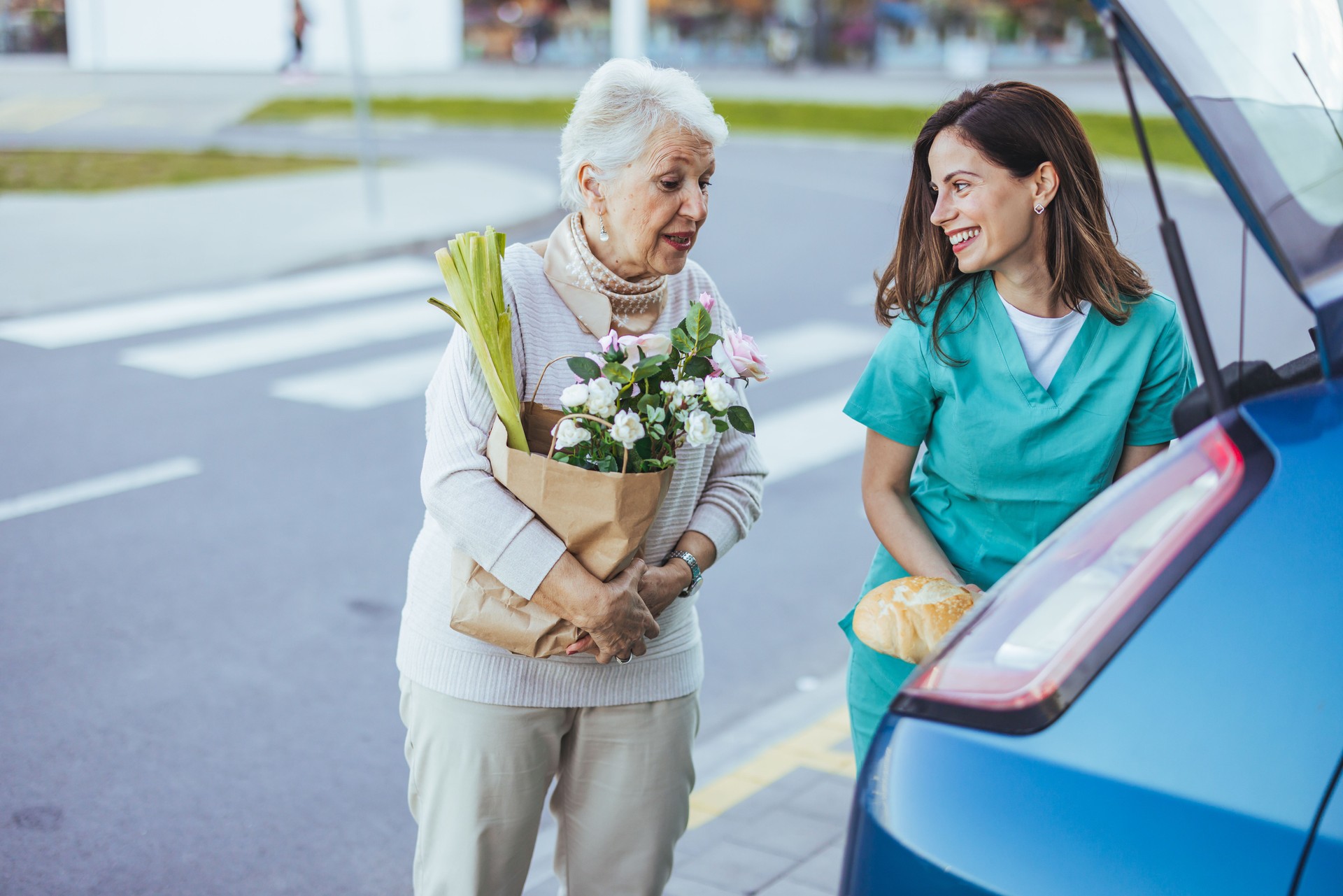 Friendly Healthcare Worker Assisting Elderly Woman with Groceries